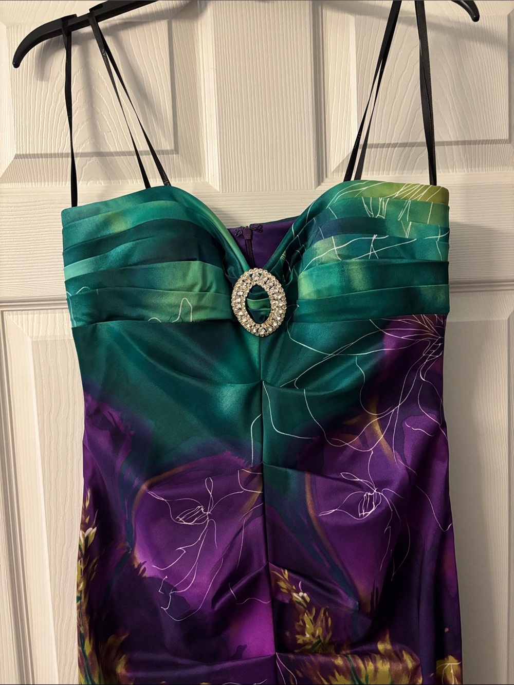 Strapless Floral Satin Evening Dress in Purple & Teal with Embellished Accent - Picture 3 of 6